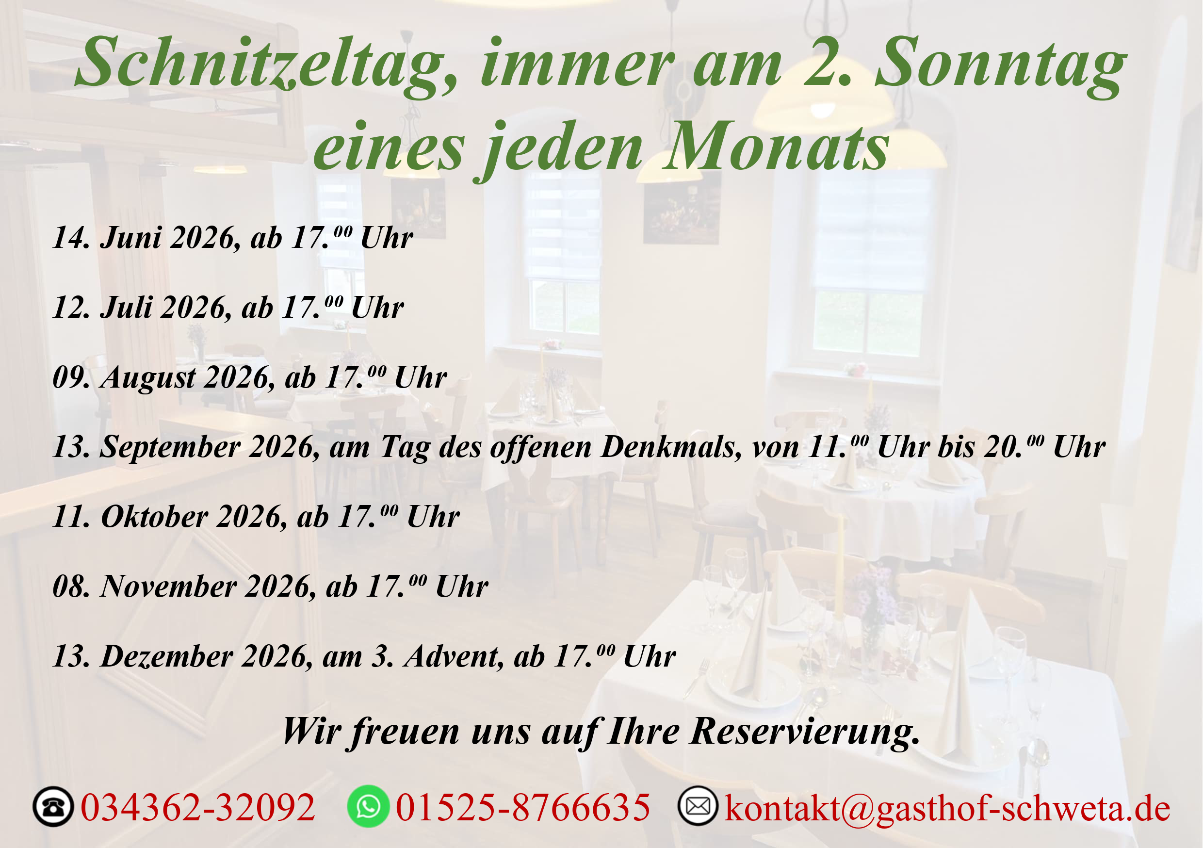 Schnitzeltag, immer am 2. Sonntag eines jeden Monats im Gasthof Schweta Schnitzeltag, immer am 2. Sonntag eines jeden Monats im Gasthof Schweta